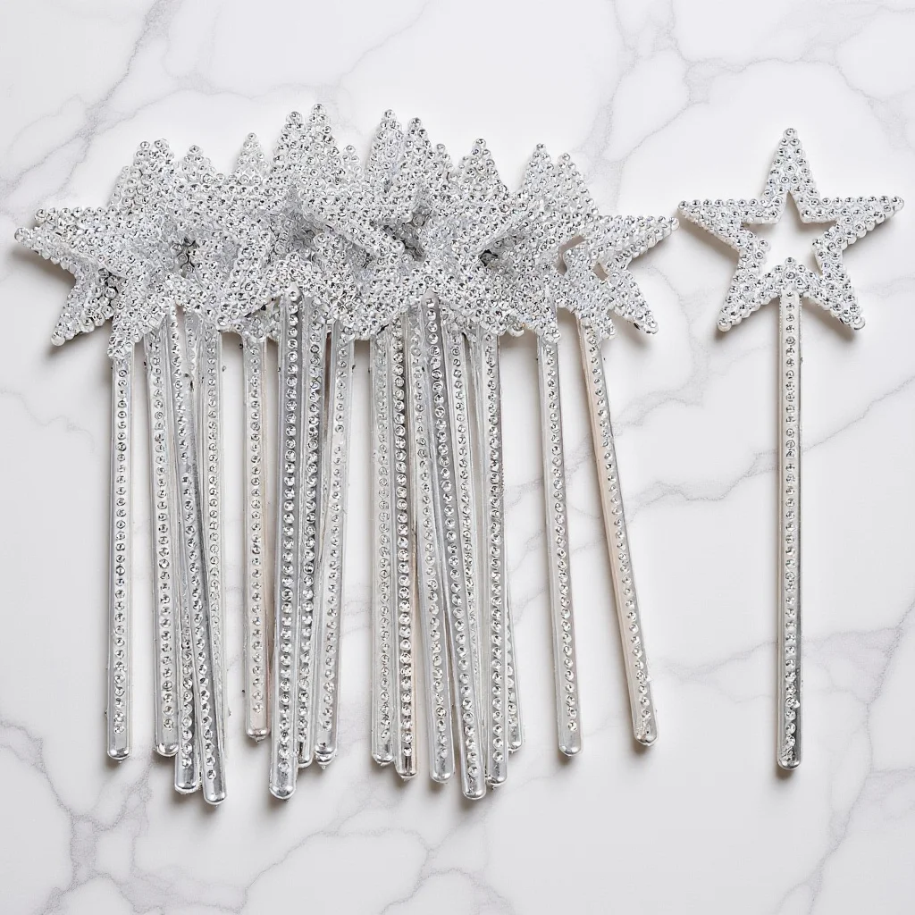 

24pcs Plastic Fairy Wands Star Shaped Kids Party Props Sparkling Beads For Birthday Halloween Cosplay Christmas Silver 22Mm