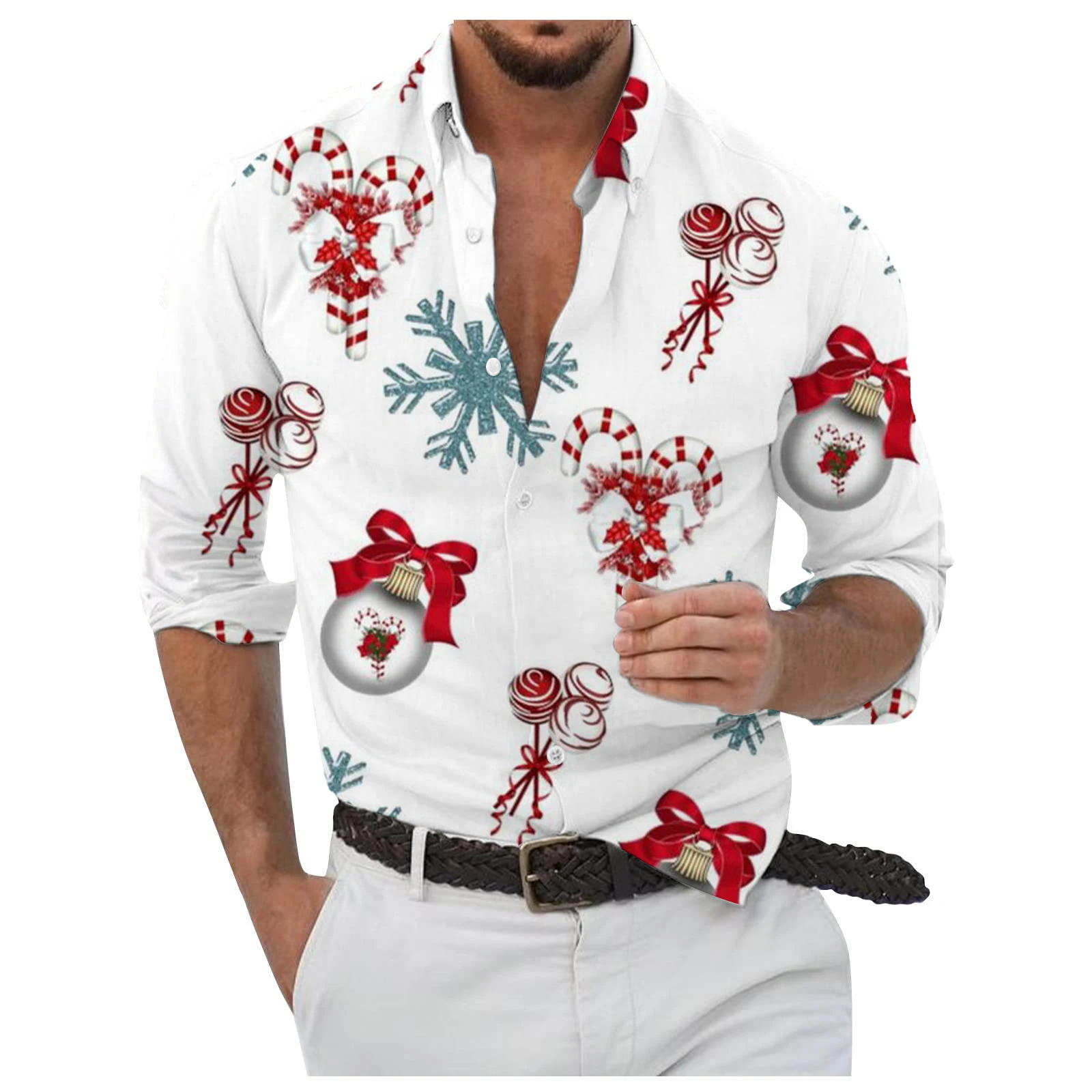 

Men's Christmas Elements Casual Shirts 3D Print Jingle Bell Graphic Long Sleeve Shirt Loose Comfortable Turn-Down Collar Clothes