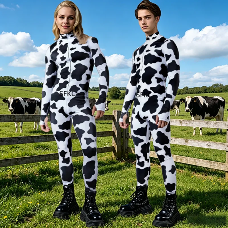 

Black White Milk Cow Print Unisex Costume Couple Carnival Party Zipper Bodysuit Funny Animal Cosplay Stage Performance Outfits
