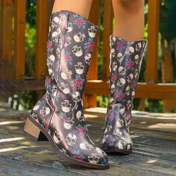 Halloween Skeleton Print Gothic Long Boots Women 2024 Autumn Mid Calf High Heels Western Boots Woman Pointed Toe Cowgirl Botas