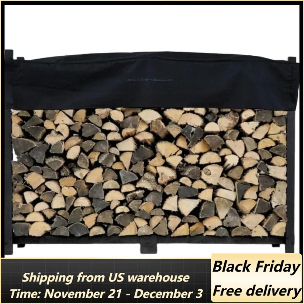 6 Foot Black - Heavy Duty Made in the USA - Outdoor Cord Firewood Storage Log Rack With Seasoning Cover Set