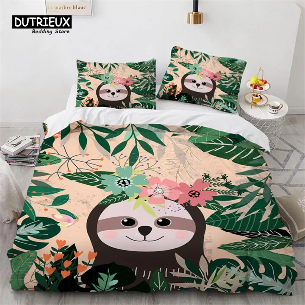 

Cute Sloth Duvet Cover Twin Cartoon Animal Bedding Set Microfiber Floral Leaves Quilt Cover For Teen Girl Boys Kawaii Room Decor