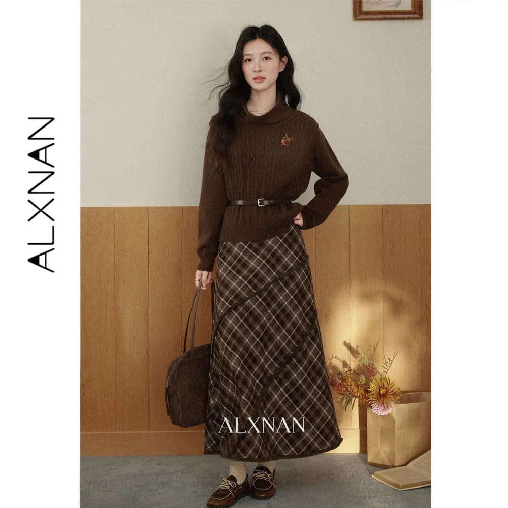 ALXNAN Maillard Brown Plaid Skirt Women A‑line High Waist Long Skirt Irregular Raw Edge Splicing Vintage Elegant Skirts L67909