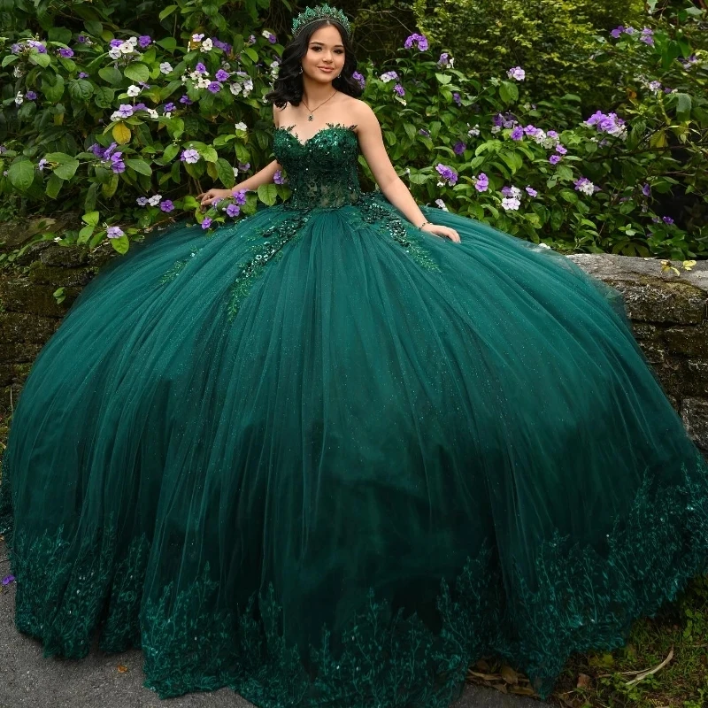 

Dark Green Sparkling Quinceanera Dresses for Girls Cross Applique Lace Beads Tull Off the Shoulder 15 Vestido De Sweet 16