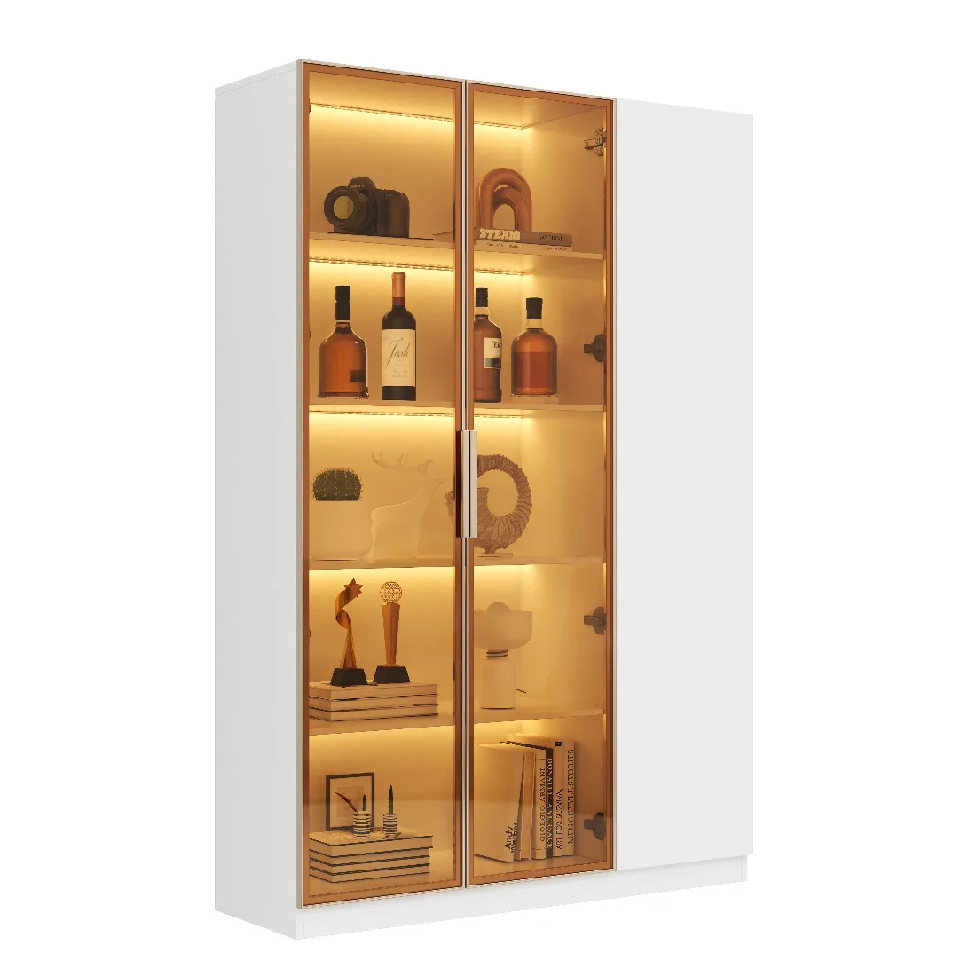 Vitrine blanche 165 cm à 3 portes avec LED RGB, étagères réglables, verre de sécurité et anti-basculement, meuble de rangement pour vin sur pied