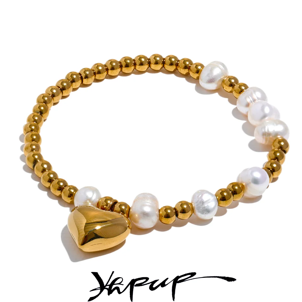 Yhpup Stainless Steel Natural Pearl Round Beads Chain Drop Heart Elastic Bracelet Bangle High-Grade Fashion Women Jewelry Bijoux