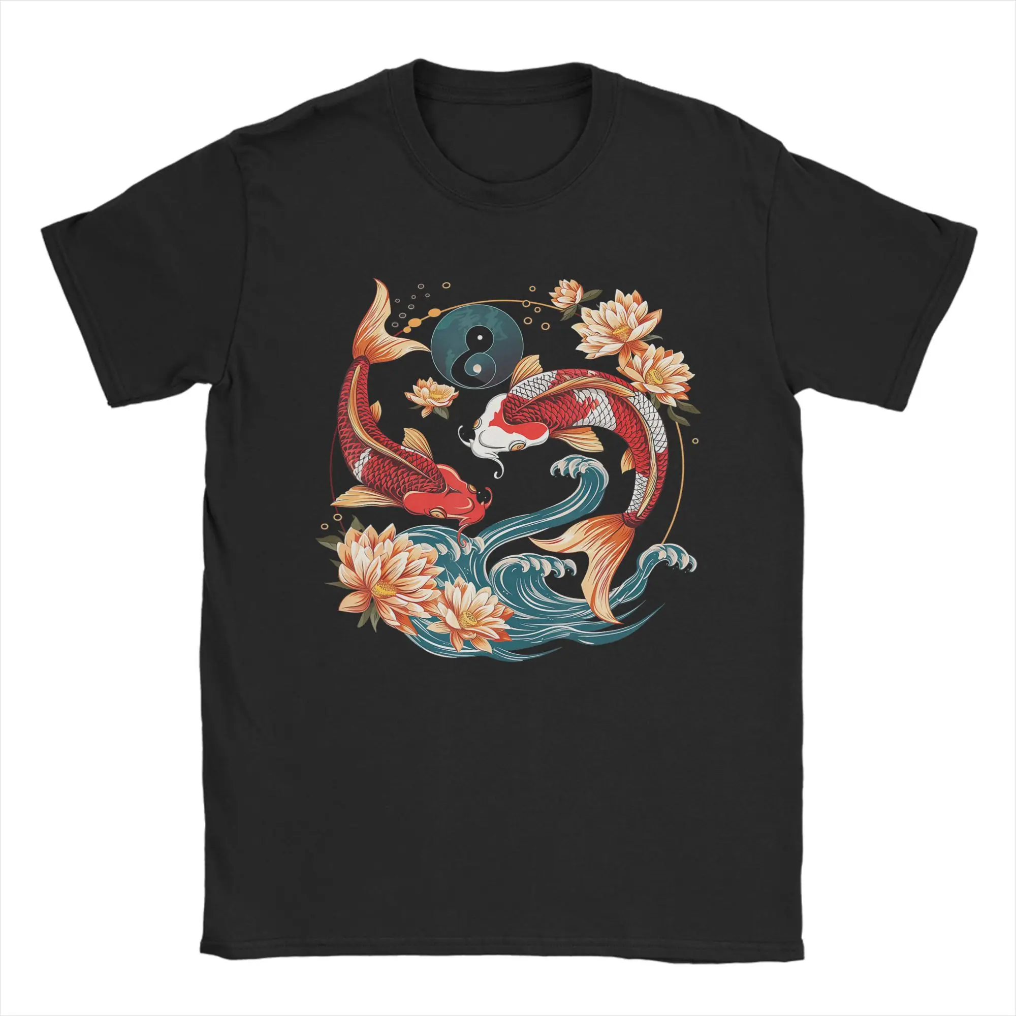 Japanese Koi Fish Lotus Flowers T-Shirts Men  Casual 100% Cotton Tee Shirt Round Collar Short Sleeve T Shirt Gift Idea Clothing