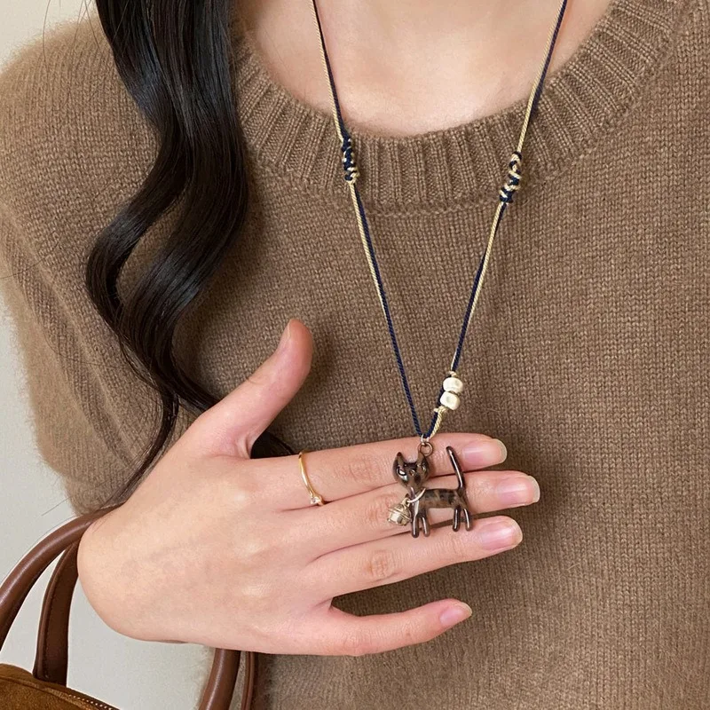 Boho Cotton Cord Cat Pendant Necklace Wooden Bead Bell Charm Handmade Woven Necklace for Casual Daily Streetwear Vacation B+