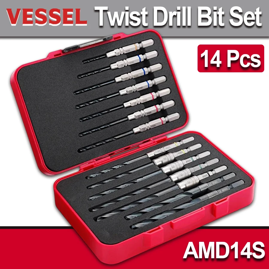 Japan VESSEL 14-Piece Twist Drill Bit Set Suitable for Steel and Wood Plastic Sheet Metal Cobalt Steel Metal Drill Bits AMD14S