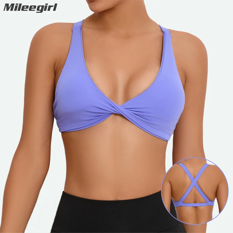 Mileegirl V Neck Women Sport Bras Widened Straps Yoga Crop Tops Cross Back Gym Fitness Bra Workout Running Top With Chest Pads