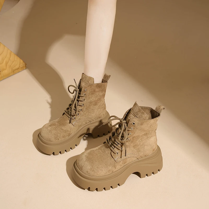 crlaydk-ファッション女性のラグソールブーツカジュアルショートヴィンテージプラットフォームウォーキングスエードレザーシューズレディースウエスタンアンクルブーツ