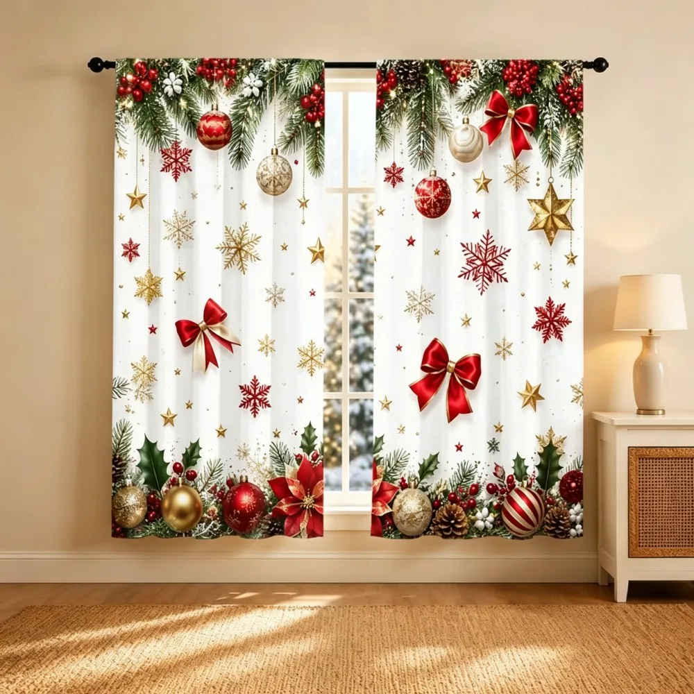 2PCS Christmas Winter Curtains, Pine Berry Ornament Gold Star Bow Poinsettia, Digital Print, Bedroom Living Room, Home Decor