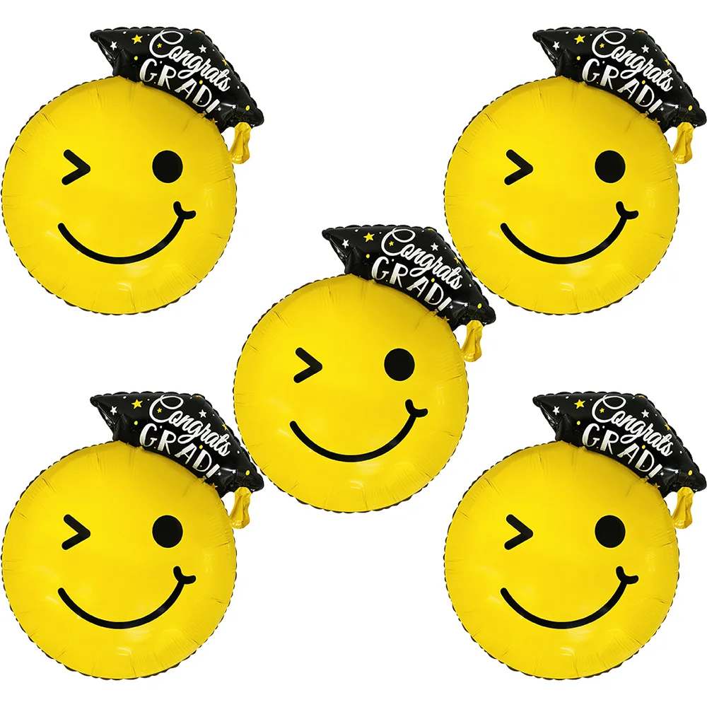 Paquete de 5 globos de graduación, globos de aluminio con cara sonriente para graduación en inglés, globos de aluminio para fiesta de graduación, adecuados para decoración de fiestas de graduación, ceremonias de graduación, regalos de graduación, decoraci