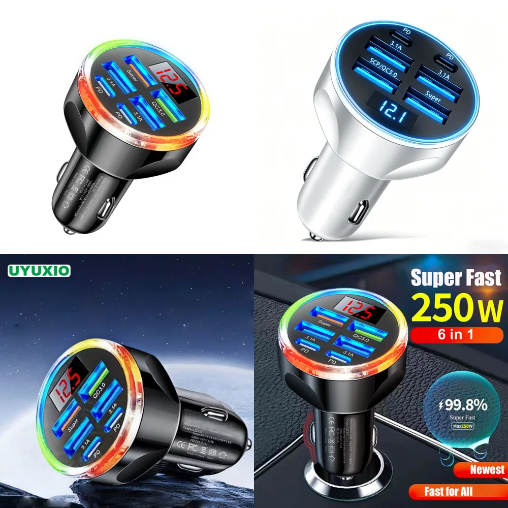 Trending 6 in 1 Fast Charge USB C Car Charger Adapter with Voltage Display Multi Port for iPhone Samsung Dropshipping Products