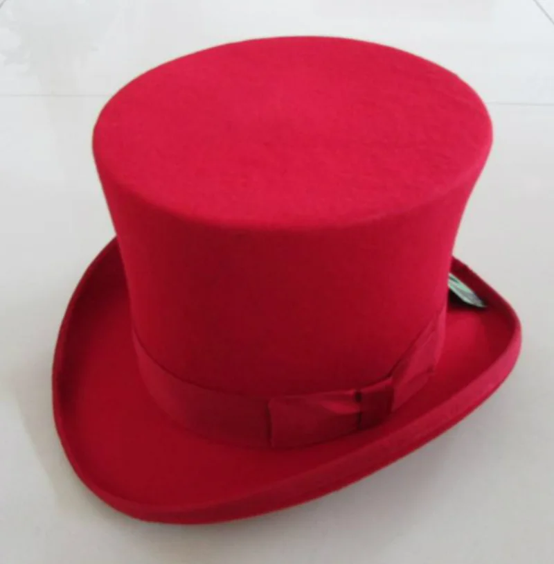 Red 18cm High Top Cylinder Hat Wool Felt Flat-crowned Hats Steampunk Costume Sombrero Bowler Hoeden for Women Lady Girl Toppper