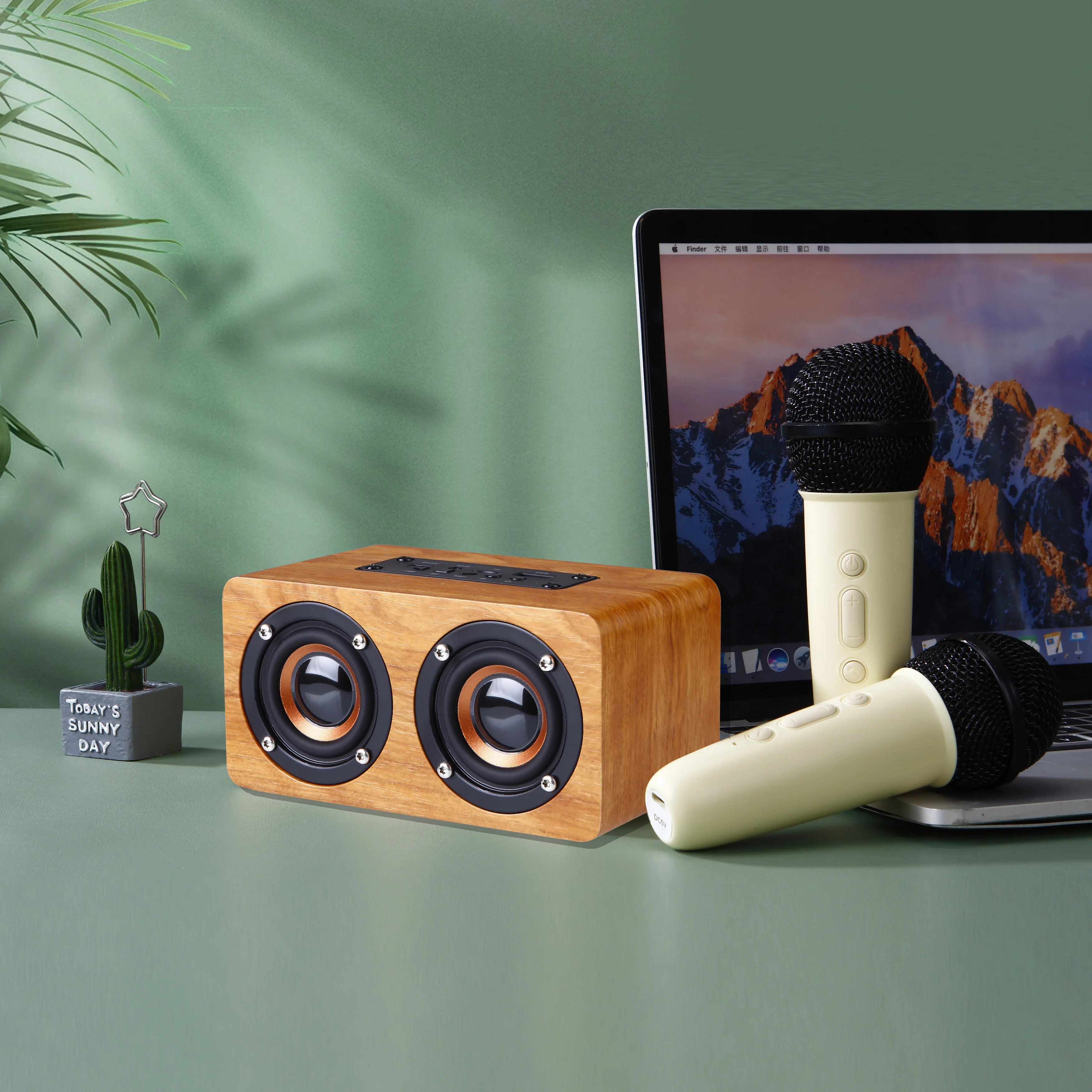 Dual Microphone H3 Wooden Bluetooth Wireless Speaker Dual Microphone Karaoke Speaker TFU Disk Function Interface Computer Audio