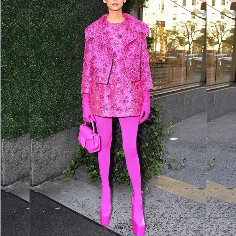 

S-XL High Quality New Fashion Customization Exquisite Fabric Flower Sequins Rose Red Coat Slim Fit Short Dress Women's Set