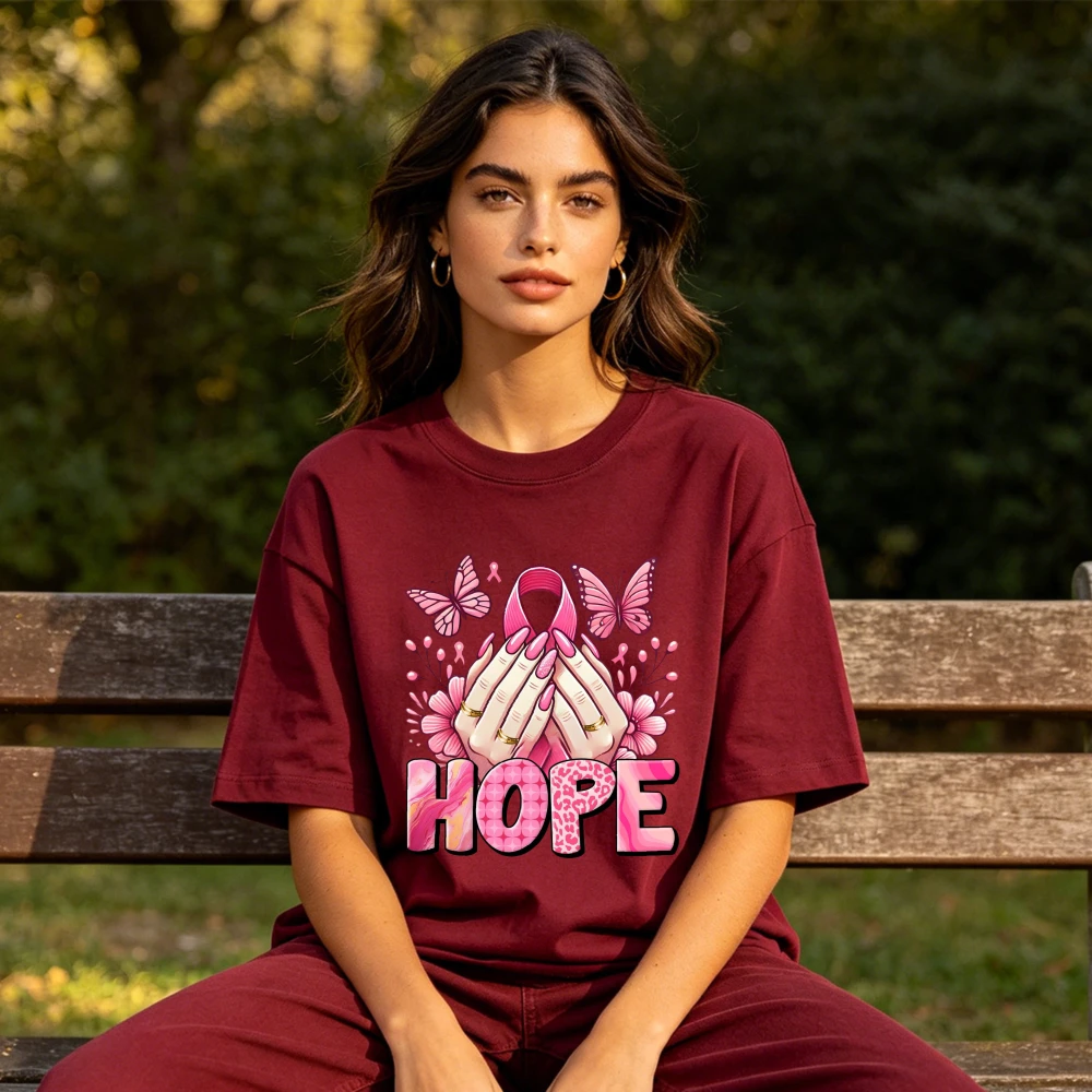 Hope Floral Nails Butterfly Pink Ribbon Graphic Women Summer Cotton T Shirt Positive Breast Cancer Short Sleeve Basic Tee