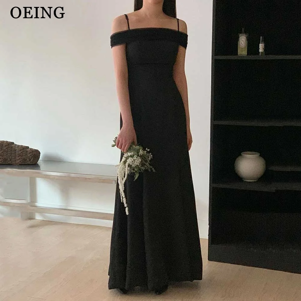 

OEING Simple Black A Line Evening Dresses Elegant Korea Photoshoot Spaghetti Straps Stretch Prom Gowns Wedding Party Dress