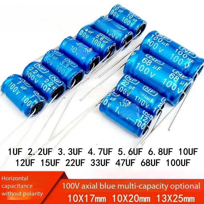 5PCS 2.2/3.3/4.7/6.8/100UF/100V Tweeter Stepless Axial Electrolytic Crossover Horizontal Capacitor