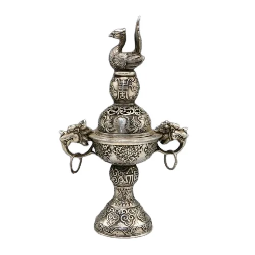 

Exquisite OLD Tibetan silver Hand-Carved 2 Dragon Incense Burner & Peacock Lid