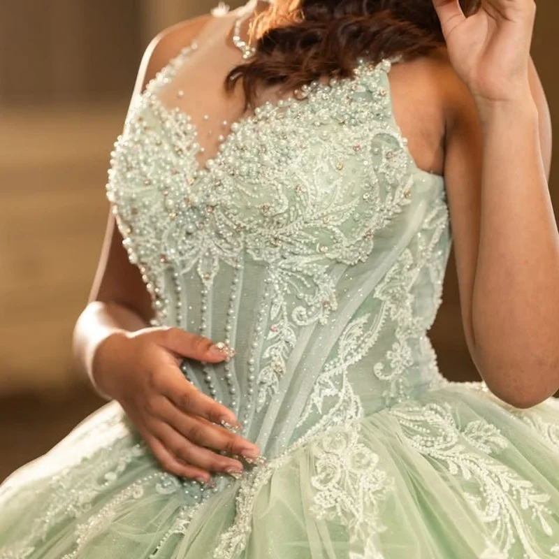 

мятно-зеленое платье Quinceanera с открытыми плечами, кружевное платье с кристаллами и блестками, расшитое бисером, длинный хвост, платья de 15, Quinceanera ﻿ Индивидуальный