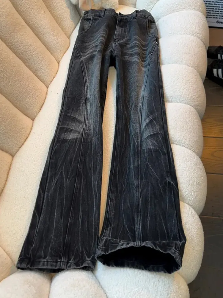 

Retro Black Washed Lightning Pattern Men's Jeans American High Street Style Spring Micro Flare Knife Slim Fit Long Pants