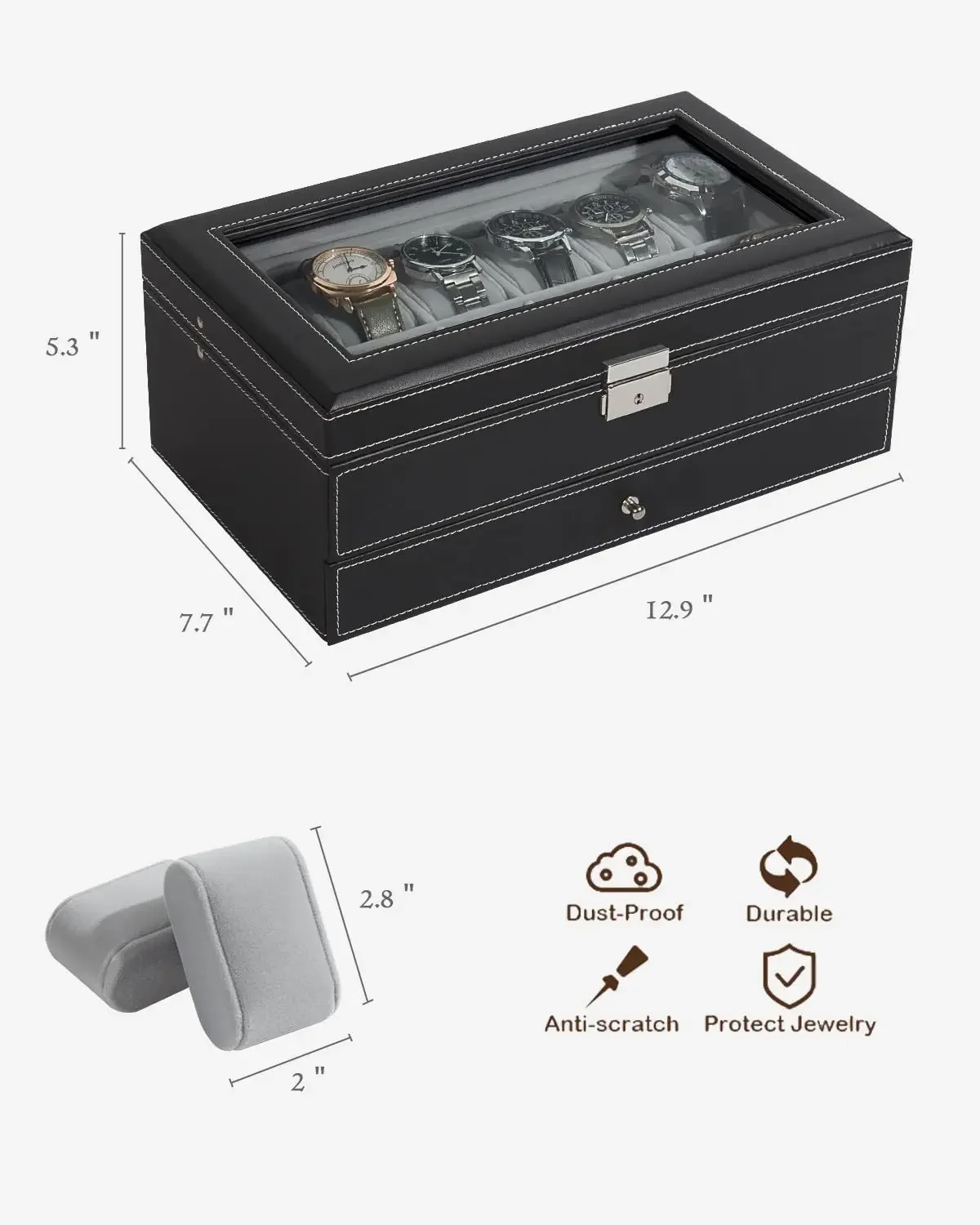 12 Slot PU Leather Lockable Watch Storage Boxes, Men & Women's Jewelry Display Drawer Case, 2-tier Organizer Watch Showcase Box