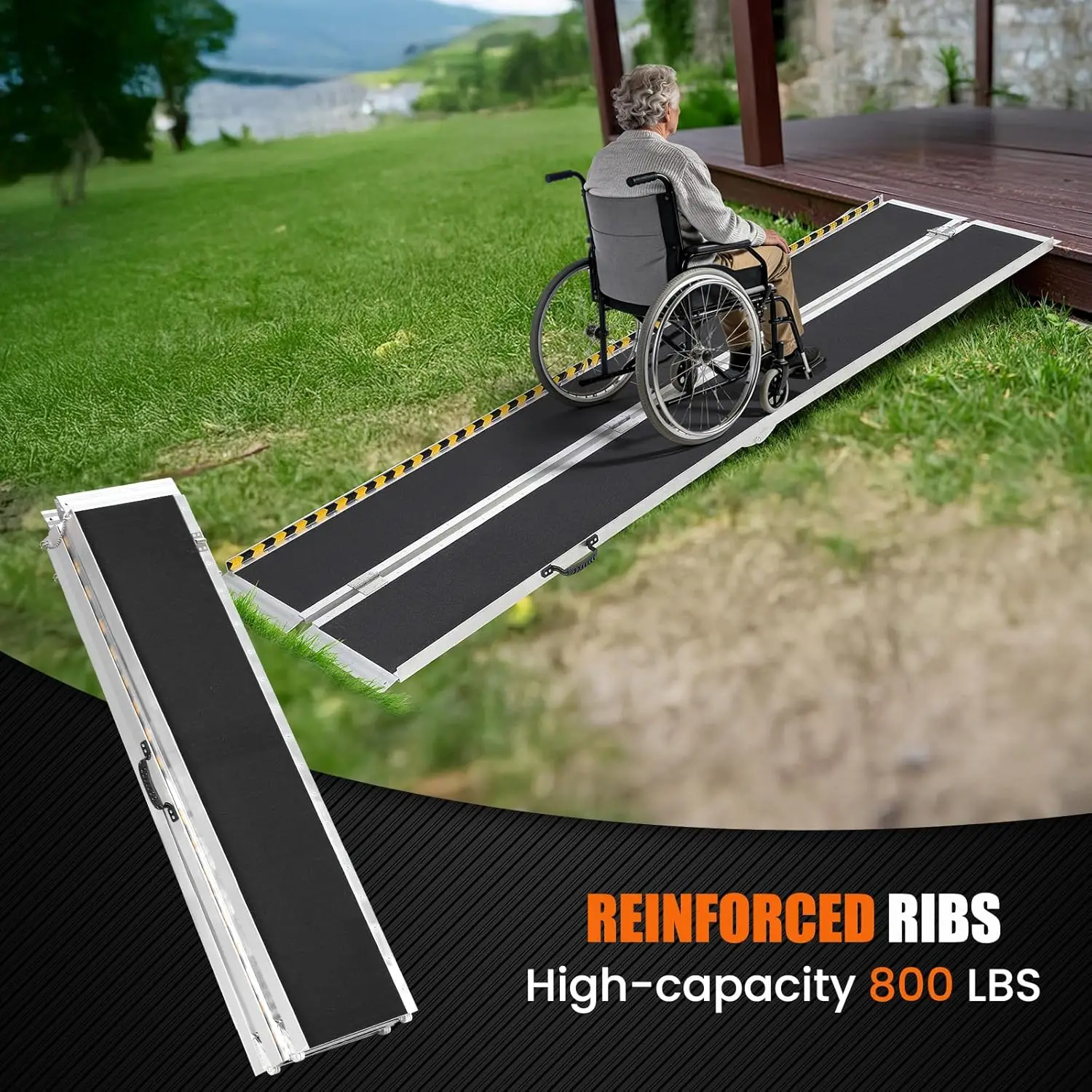 7FT Aluminum Folding Wheelchair Ramp - 800 lbs Capacity, Portable Ramp for Cars, Stairs, Doorways, with Non-Slip Surface