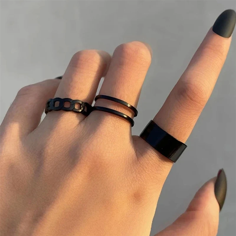 TIANTI 3pcs/set Bohemian Ring Set Black Silver Color Wide Rings For Women Finger Rings Female Trendy Jewelry Gift