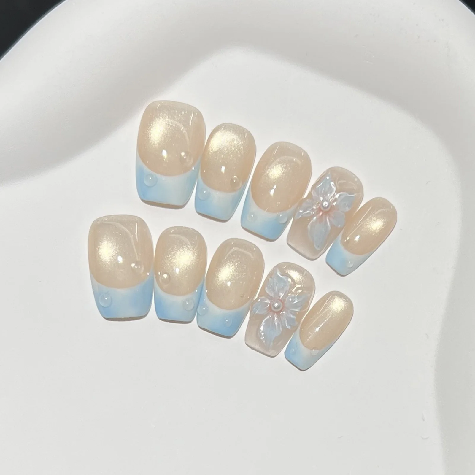 10pcs French Blue Glossy Floral Press On Nails Short Square Fake Nails with Cat Eyes for DIY Nail Art Salon Use Dating view 2