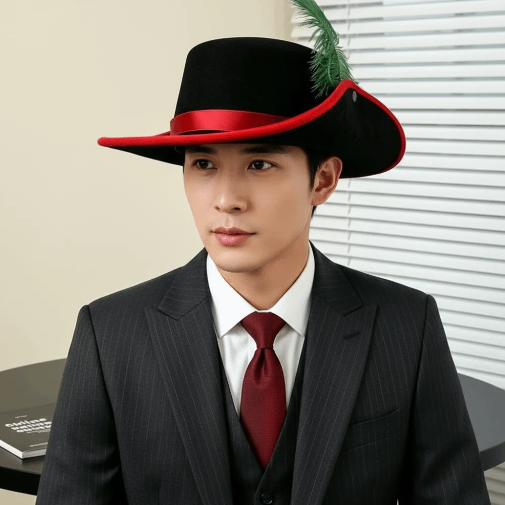 Felt Cavalier Top Hat Wide Brim Artificial Feather Feather Stage Cap Flat Top Black Masquerade Headwear Photo Studio Prop