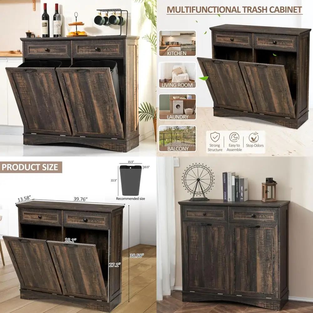 

Dual Bin Trash & Recycling Cabinet, 26 Gallon Capacity, Concealed Storage for Kitchen, Rustic Brown