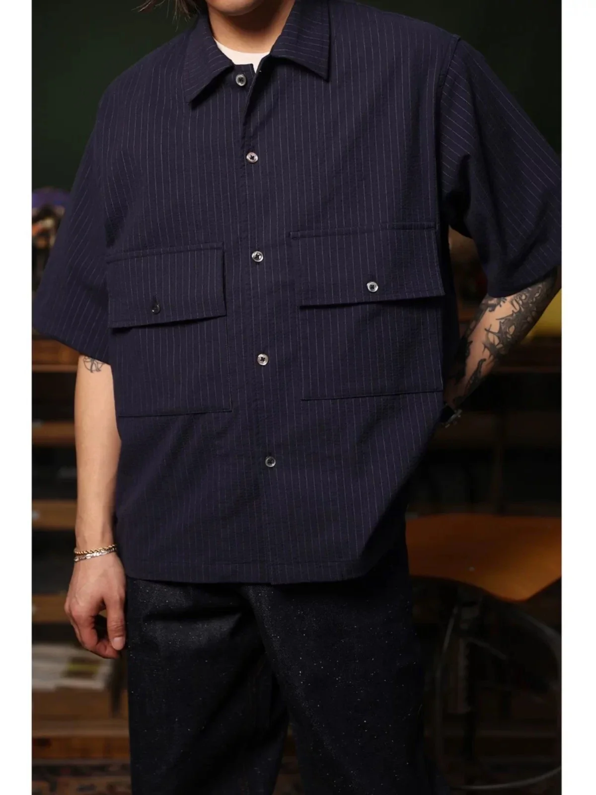 Second Order Western Stripe Pocket Shirt Oversize Short Sleeve Overshirt For Men