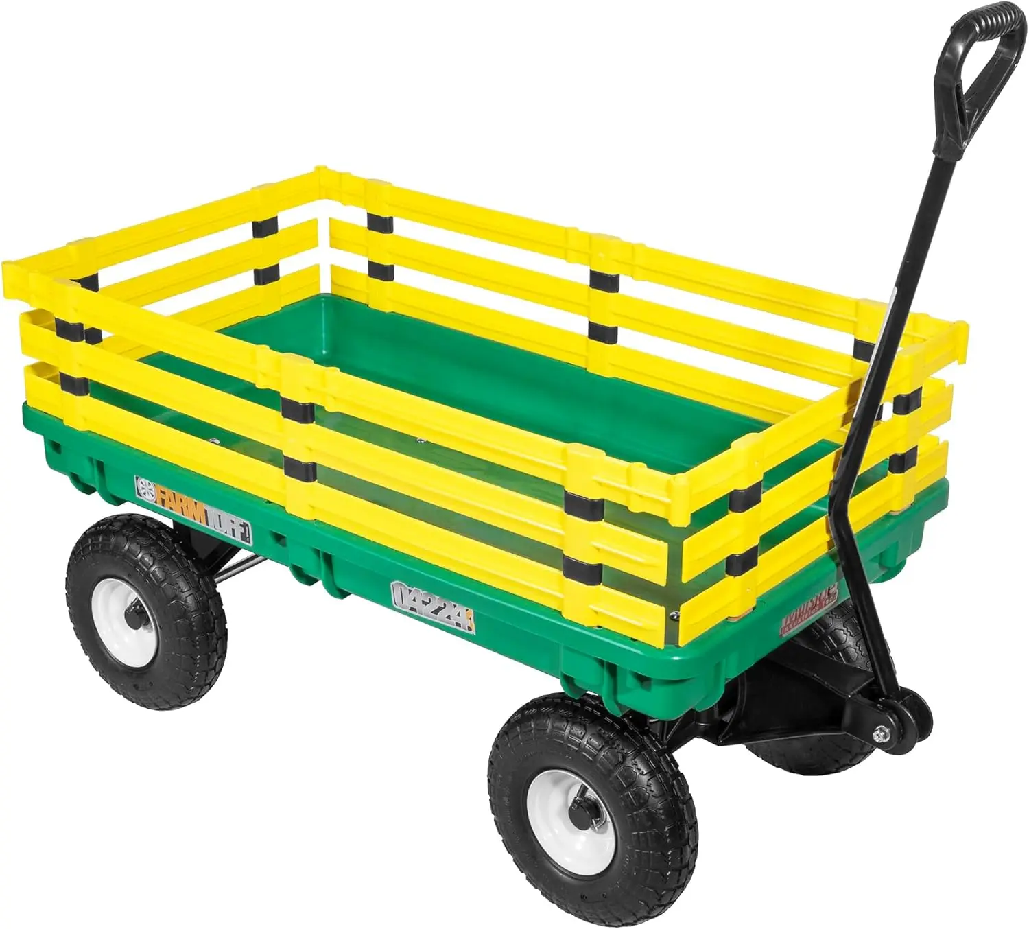 

Durable Plastic Garden Wagon Utility Cart With Removable Side Racks And Pneumatic Tires For Outdoor Hauling, Green And Yellow, 2