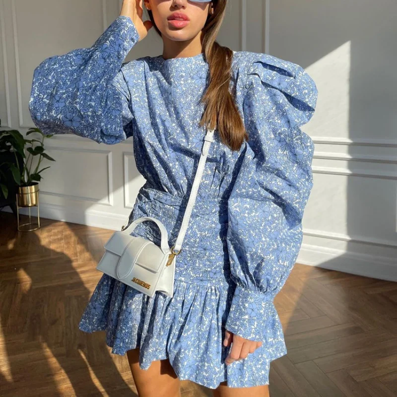 2024Commute Leisure Comfortable Women's Clothing New Printed Floral Skirt Long Sleeve Cinched Pleated Casual Dress