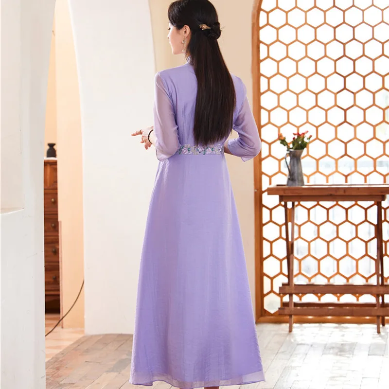 High-end Spring Summer Women Dress Retro Elegant Embroidery A-line Lady Party Hanfu Dress Tea Clothing S-XXL