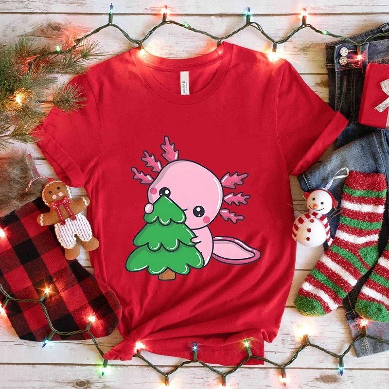 Axolotl Stringing Christmas Lights T Shirt Women Hip Hop Tops Fashion Casual Cute T-shirts Short Sleeve Tees Cartoon Tshirt Tops