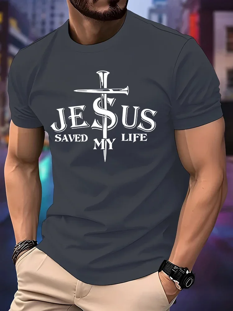 Men's Jesus Saved My Life T-Shirt Christian Cross Nail Print O-Neck Short Sleeve Casual Faith Tee Top Streetwear
