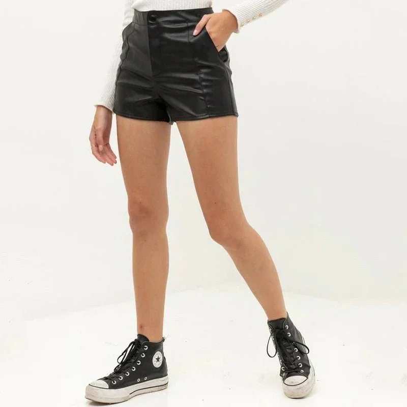 Vintage High Waist Faux Leather Shorts Women Casual PU Hot Pants With Pockets Ladies Stretchy Summer Shorts Clubwear New Custom