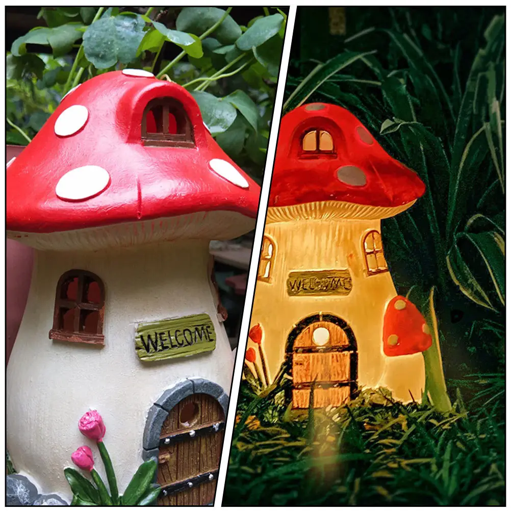 

1Pcs Solar Mushroom House Resin Craft Light Glowing Garden Ornament Porch Path Landscape Decor Solar Mushroom House