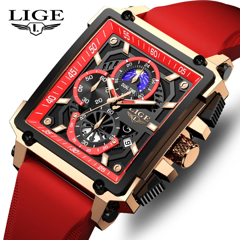 New Mens Watch Top LIGE Brand Luxury Business Square Watch Men Casual Sport Quartz Chronograph Clock Male Waterproof Watches+Box