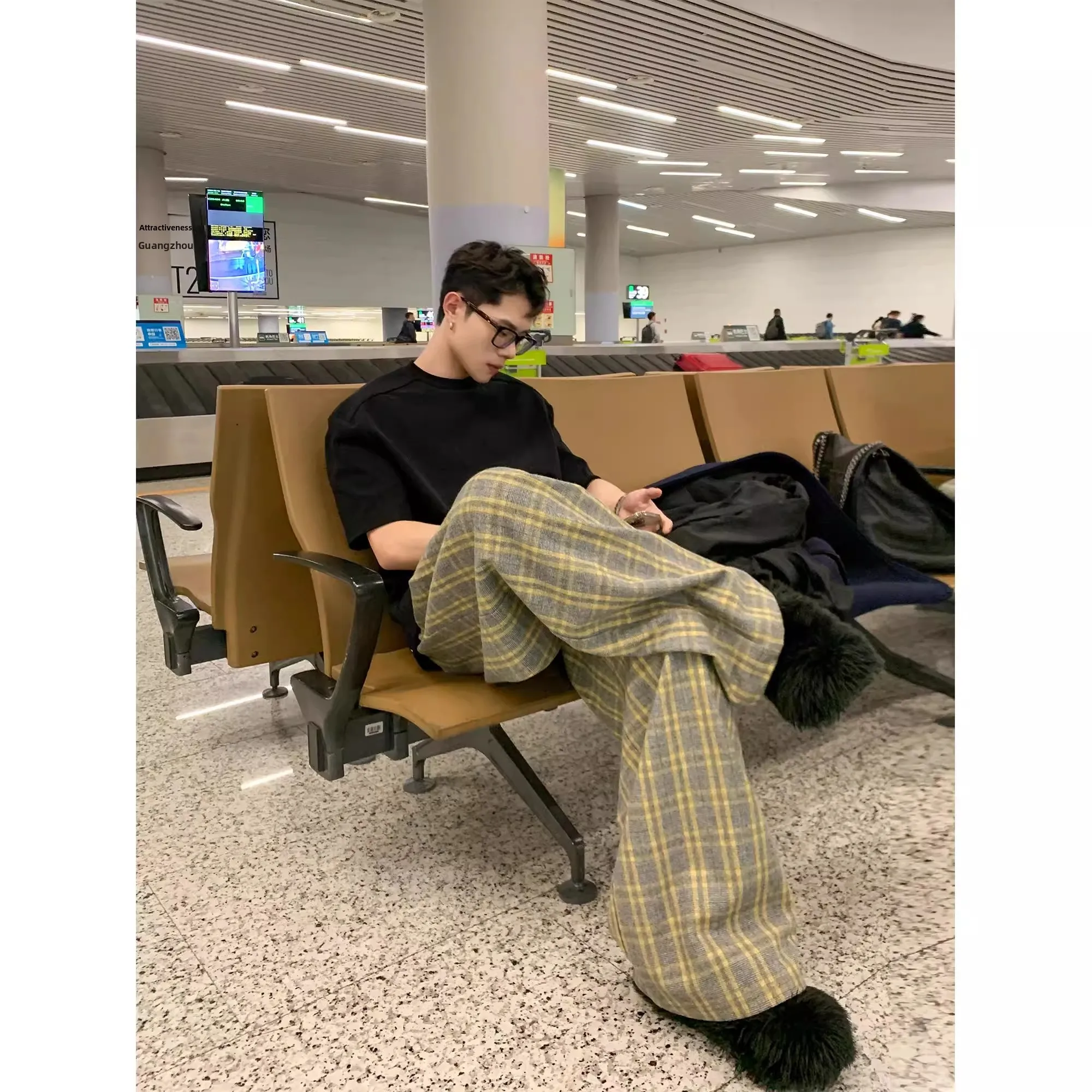 

Autumn Winter Large Size Plaid Casual Pants Men's Loose Wide Leg Woolen Trousers Straight Cut Daily Wear Warmth Ins Sle