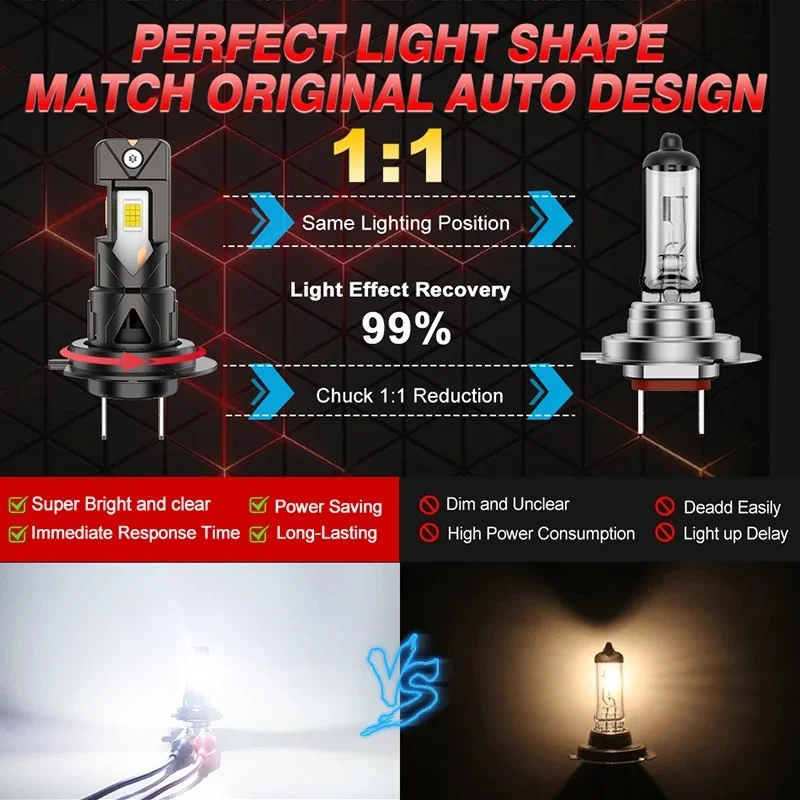 Bullvision 2Pcs H7 LED Headlight Bulbs H7 LED Light Auto Headlight For 6000K CSP Headlamp With Turbo Fan Head Light Plug&Play