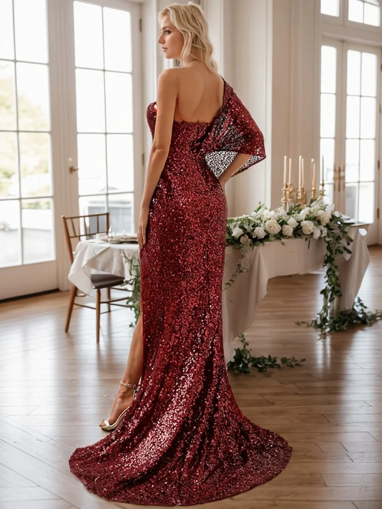 Sexy linha a vestido de noite formal sem mangas lantejoulas um ombro alta divisão tribunal trem vestido de convidado de casamento 2025 personalizado grátis