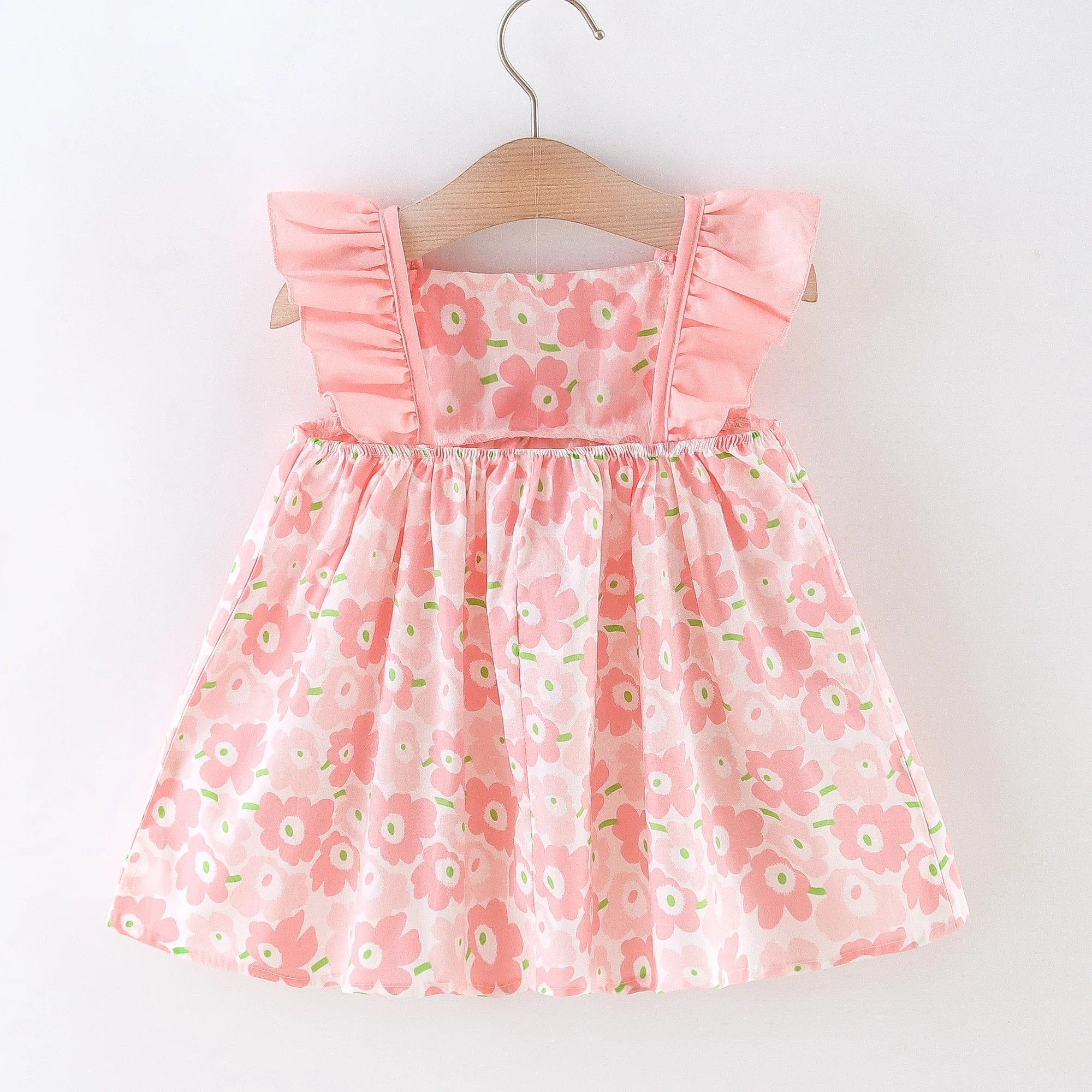 Summer dress bag two-piece set for girls cartoon small flower print Korean version cute flying sleeve dress