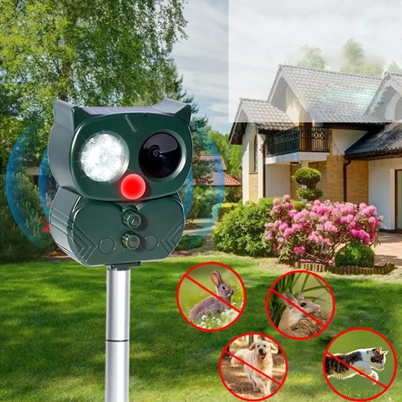 

Owl Solar Ultrasonic Animal Repellents, 5 Gear 8 LED Infrared Sensor Flash Light Bird Cat Dog Repeller, Outdoor Garden Supplies