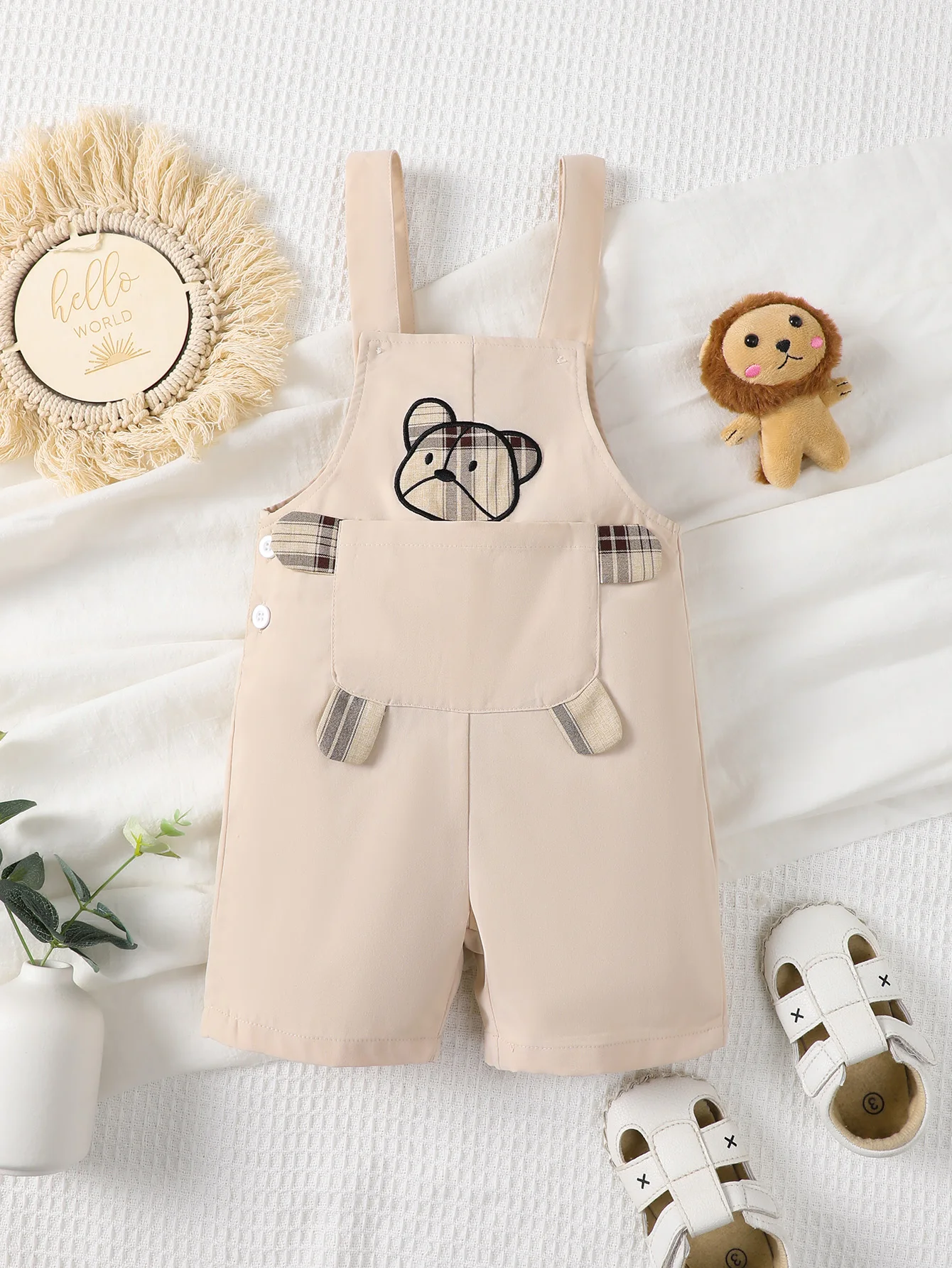 Summer Baby Cute Overalls Personality Bear Embroidery Plaid Print Pocket Apricot Lively Girls Baby Simple Style Romper Shorts