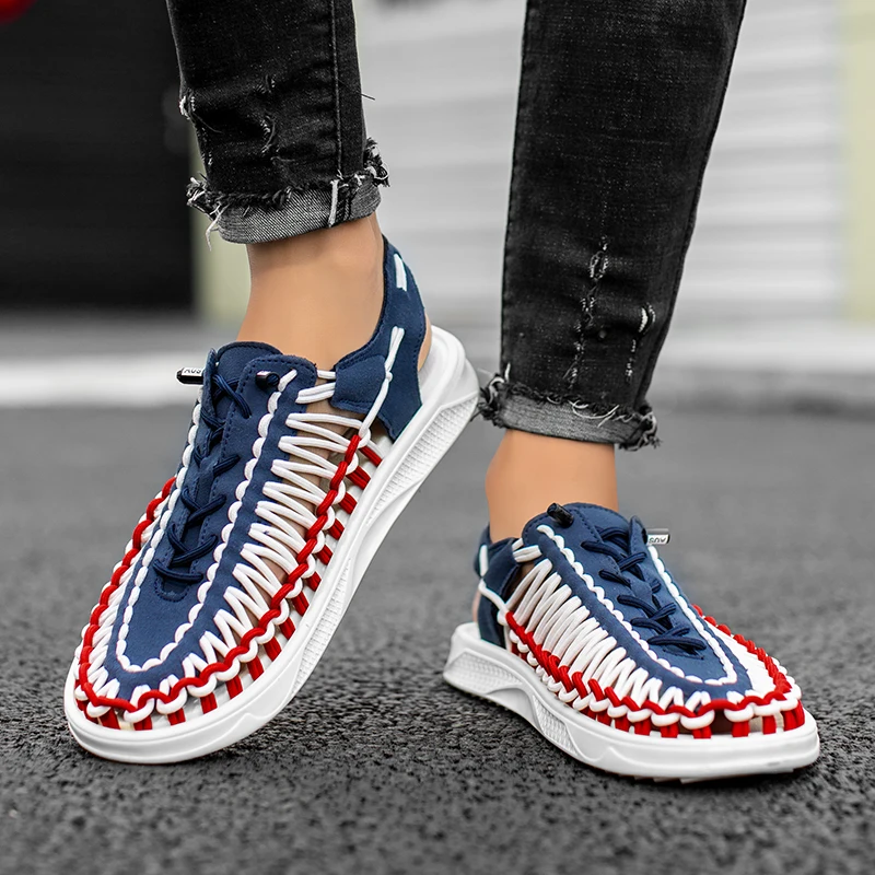 2023 Summer Men\'s  Sandals Lace Up Hand Woven Sandals Thick Soled Soft Non Slip Casual Shoes High Quality Couple Beach Shoes