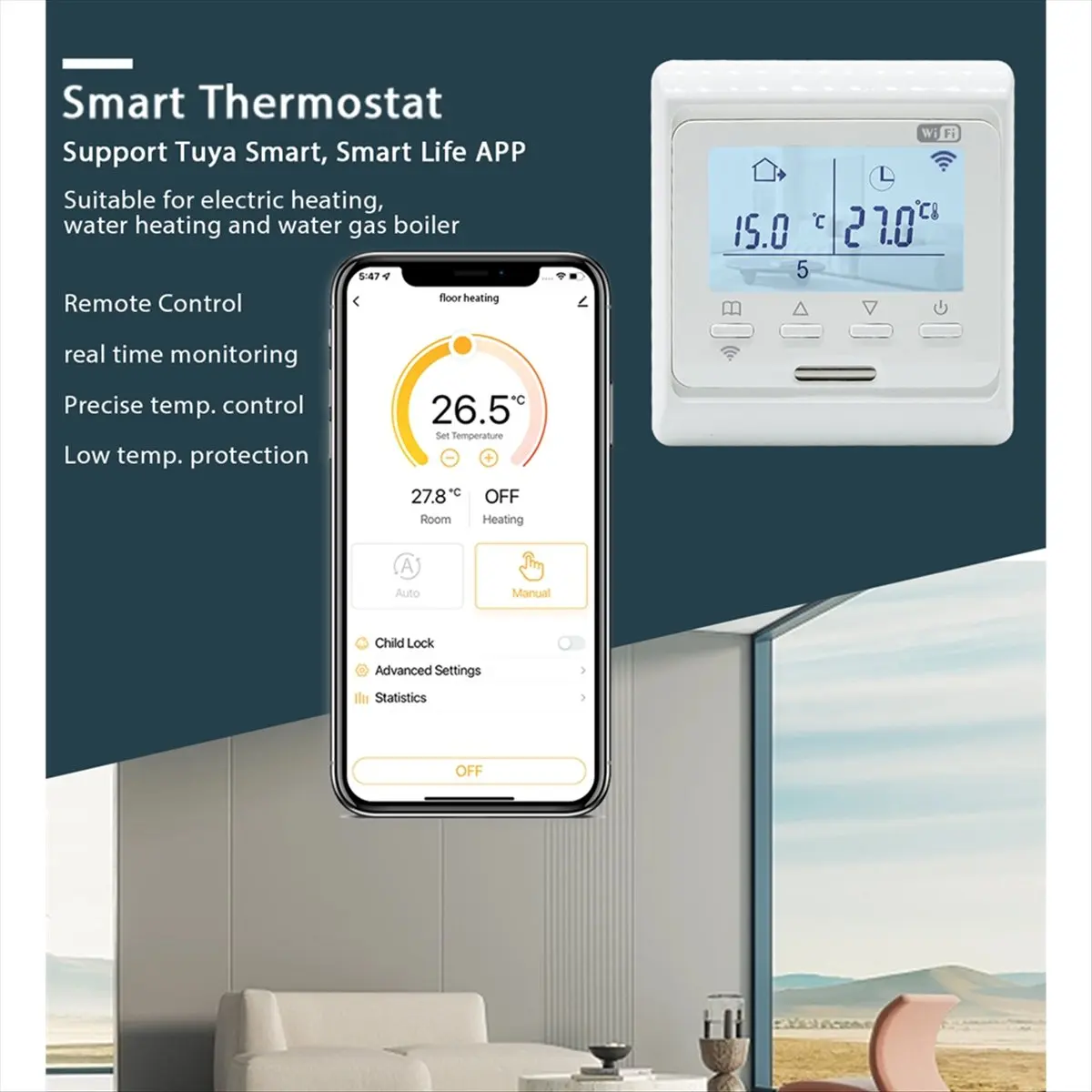 COFA WIFI Underfloor Heating Thermostat with LCD Screen,Compatible with 220V Electric, Water, Efficient Temperature Control,A